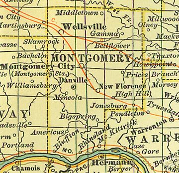 Early map of Montgomery County, Missouri including Montgomery City, Wellsville, Danville, Bellflower, New Florence, Americus, McKittrick